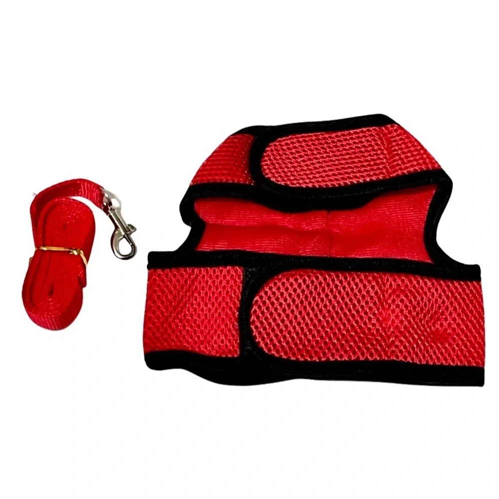 Red and black all-weather padded mesh cat harness w/ bell & leash 2 pc set NWT